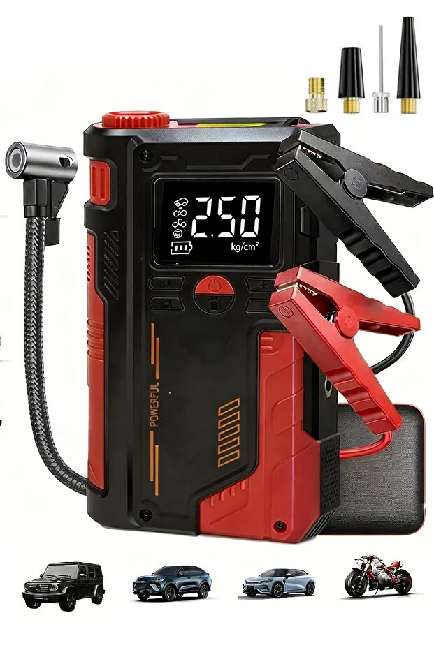 Süper 4'lü Şarjlı Akü Ateşleyici Lastik şişirici Powebank Led ışık 150Psi Yüksek basınçlı Kırmızı